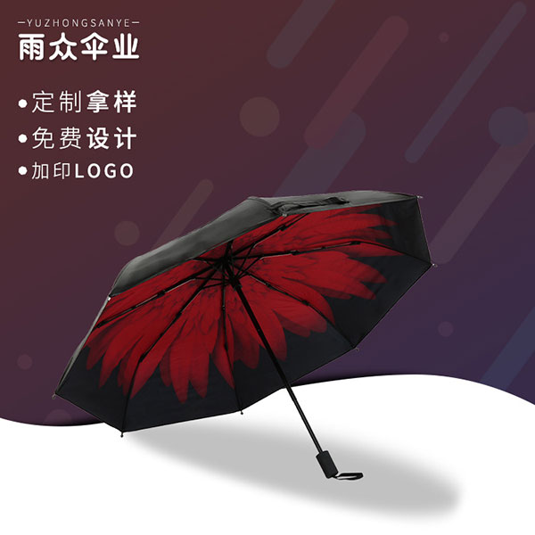 防風(fēng)三折小黑傘,大紅菊印花防曬